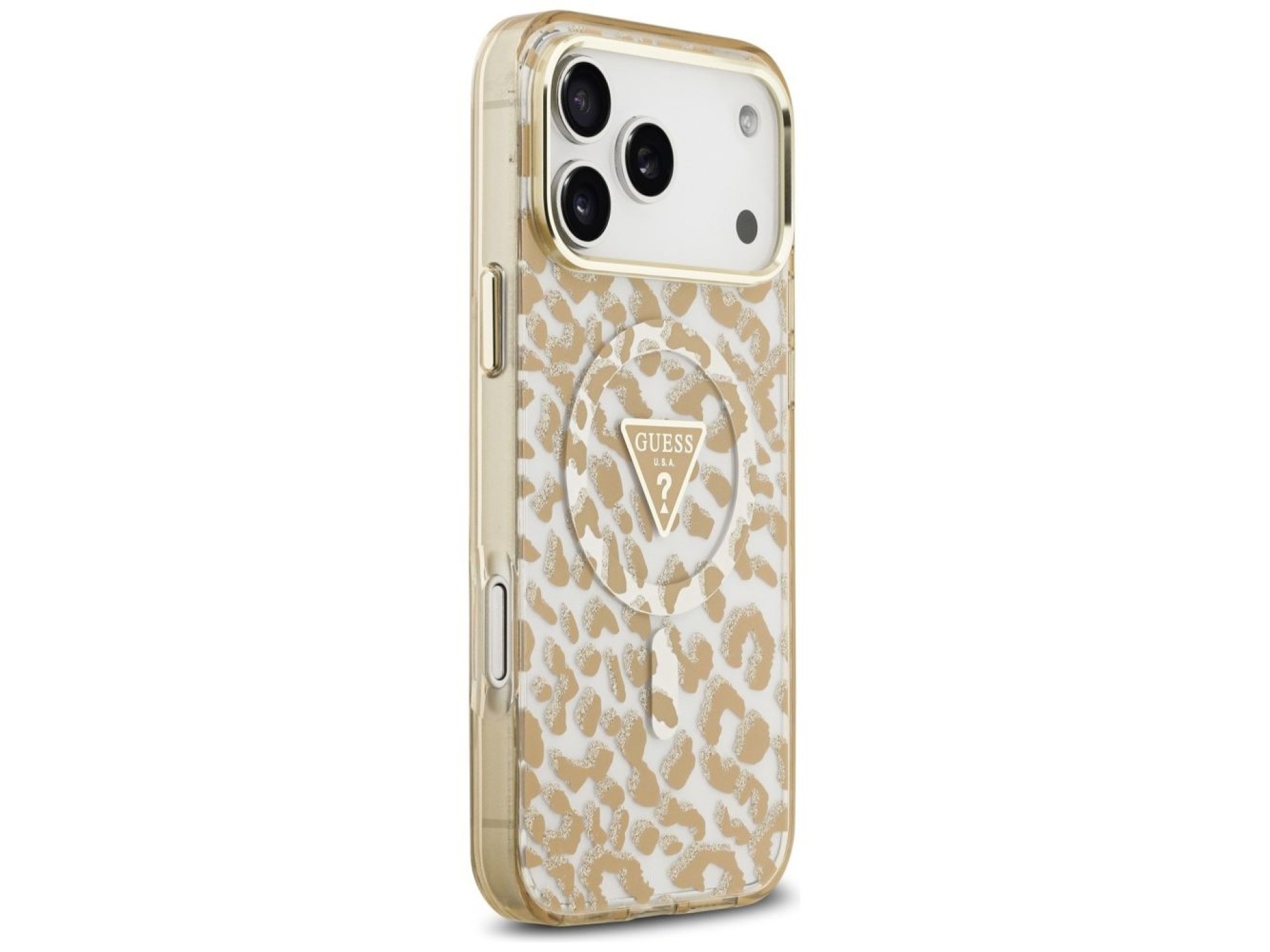 Funda Guess IML Leopard Glitter Triangle Logo MagSafe para iPhone 17 Pro / 18 Pro - Marrón