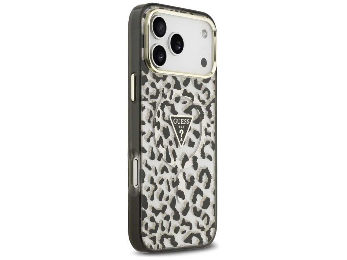 Funda Guess IML Leopard Glitter Triangle Logo MagSafe para iPhone 17 Pro Max / 18 Pro Max - Negra