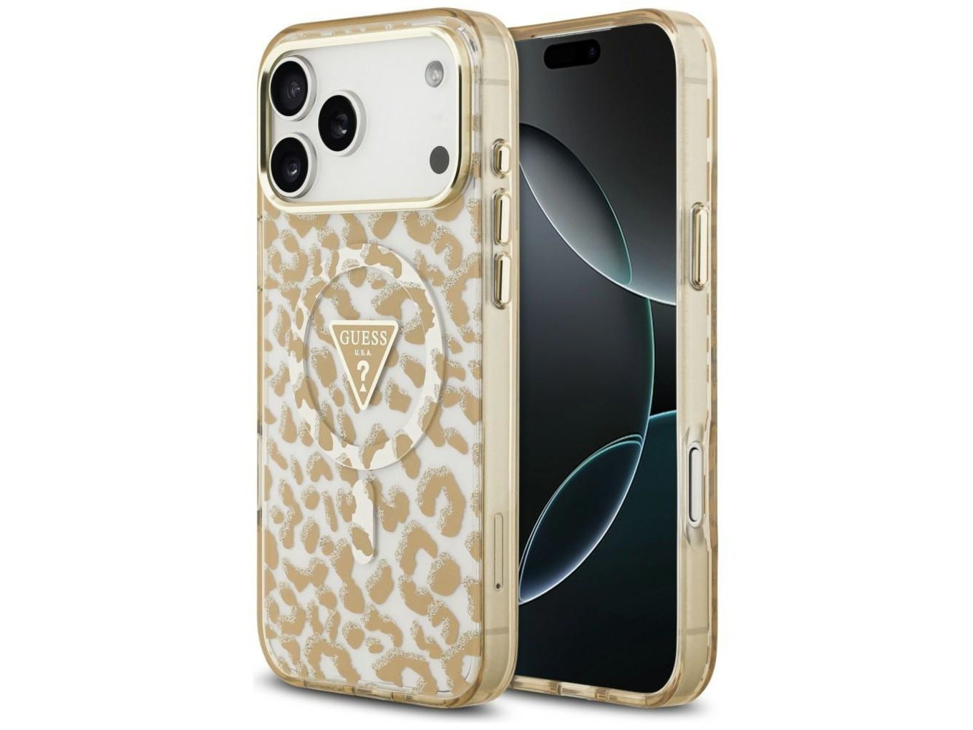 Funda Guess IML Leopard Glitter Triangle Logo MagSafe para iPhone 17 Pro / 18 Pro - Marrón