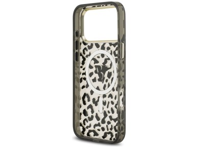 Capa MagSafe Guess IML Leopard Glitter Triangle Logo para iPhone 17 Pro Max / 18 Pro Max - Preta