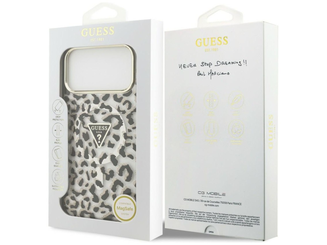 Funda Guess IML Leopard Glitter Triangle Logo MagSafe para iPhone 17 Pro Max / 18 Pro Max - Negra