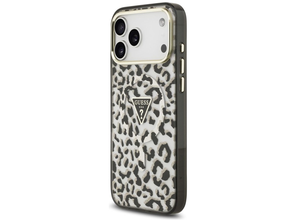 Funda Guess IML Leopard Glitter Triangle Logo MagSafe para iPhone 17 Pro Max / 18 Pro Max - Negra