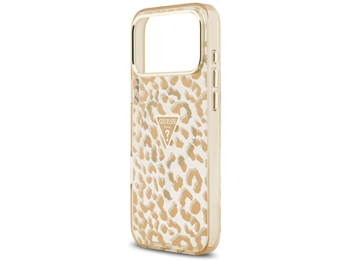 Funda Guess IML Leopard Glitter Triangle Logo MagSafe para iPhone 17 Pro / 18 Pro - Marrón