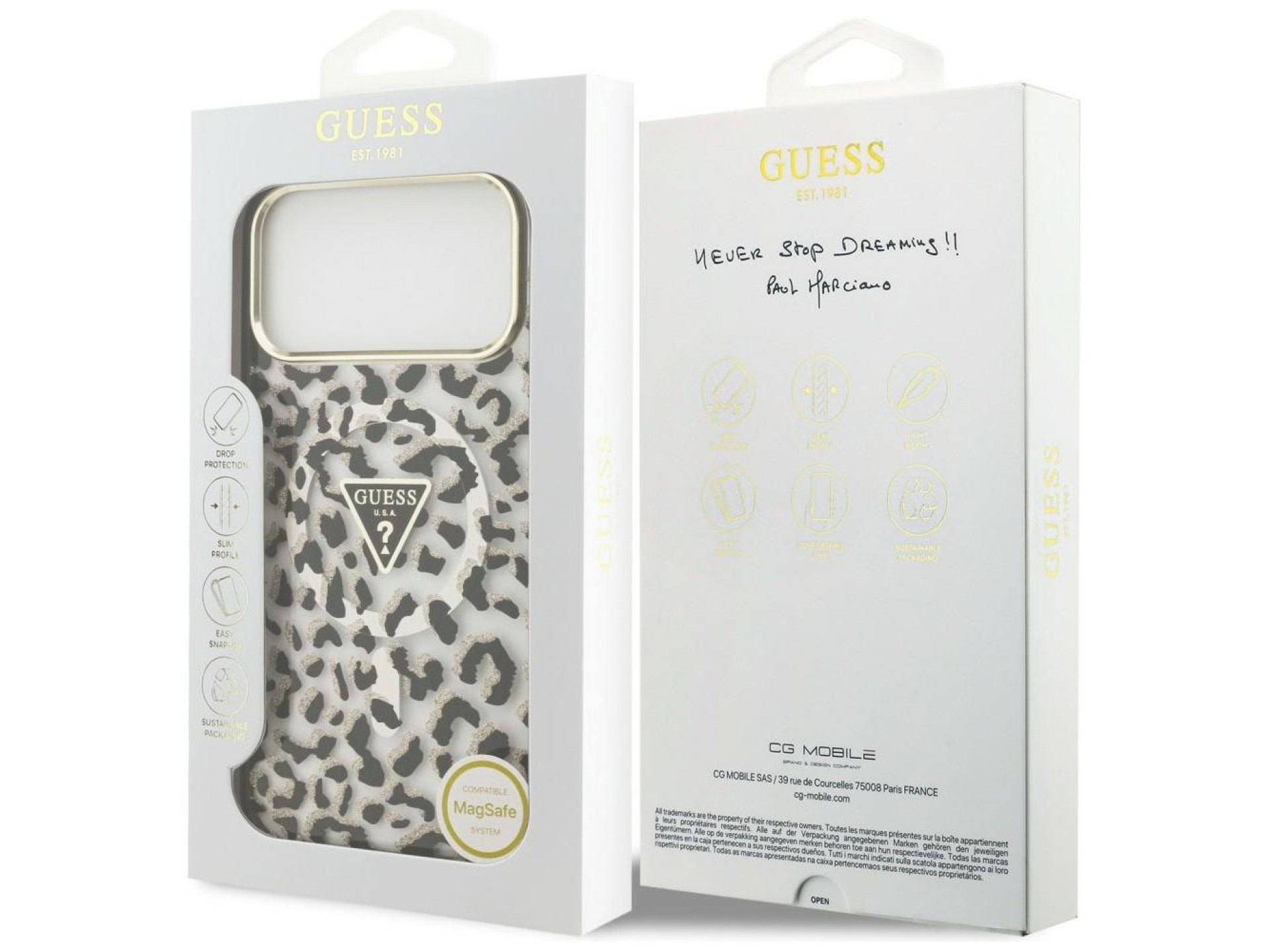 Funda Guess IML Leopard Glitter Triangle Logo MagSafe para iPhone 17 Pro Max / 18 Pro Max - Negra