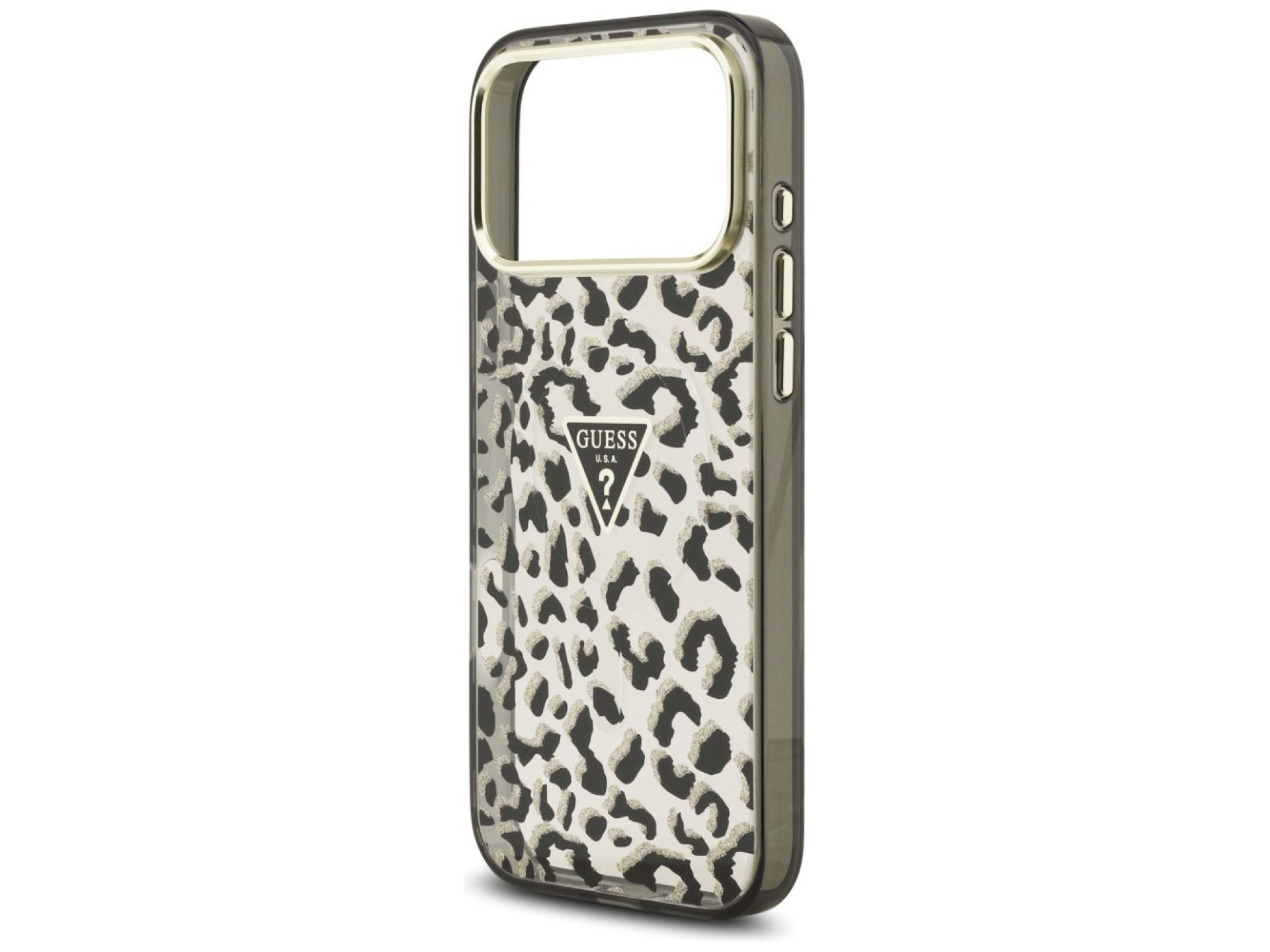 Funda Guess IML Leopard Glitter Triangle Logo MagSafe para iPhone 17 Pro Max / 18 Pro Max - Negra