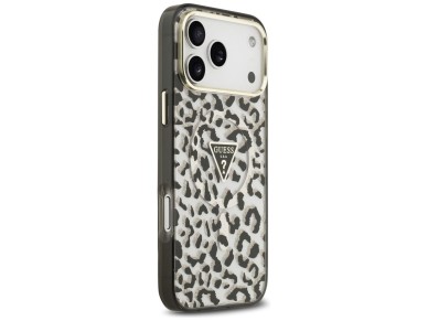 Capa MagSafe Guess IML Leopard Glitter Triangle Logo para iPhone 17 Pro Max / 18 Pro Max - Preta