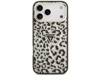 Capa MagSafe Guess IML Leopard Glitter Triangle Logo para iPhone 17 Pro Max / 18 Pro Max - Preta