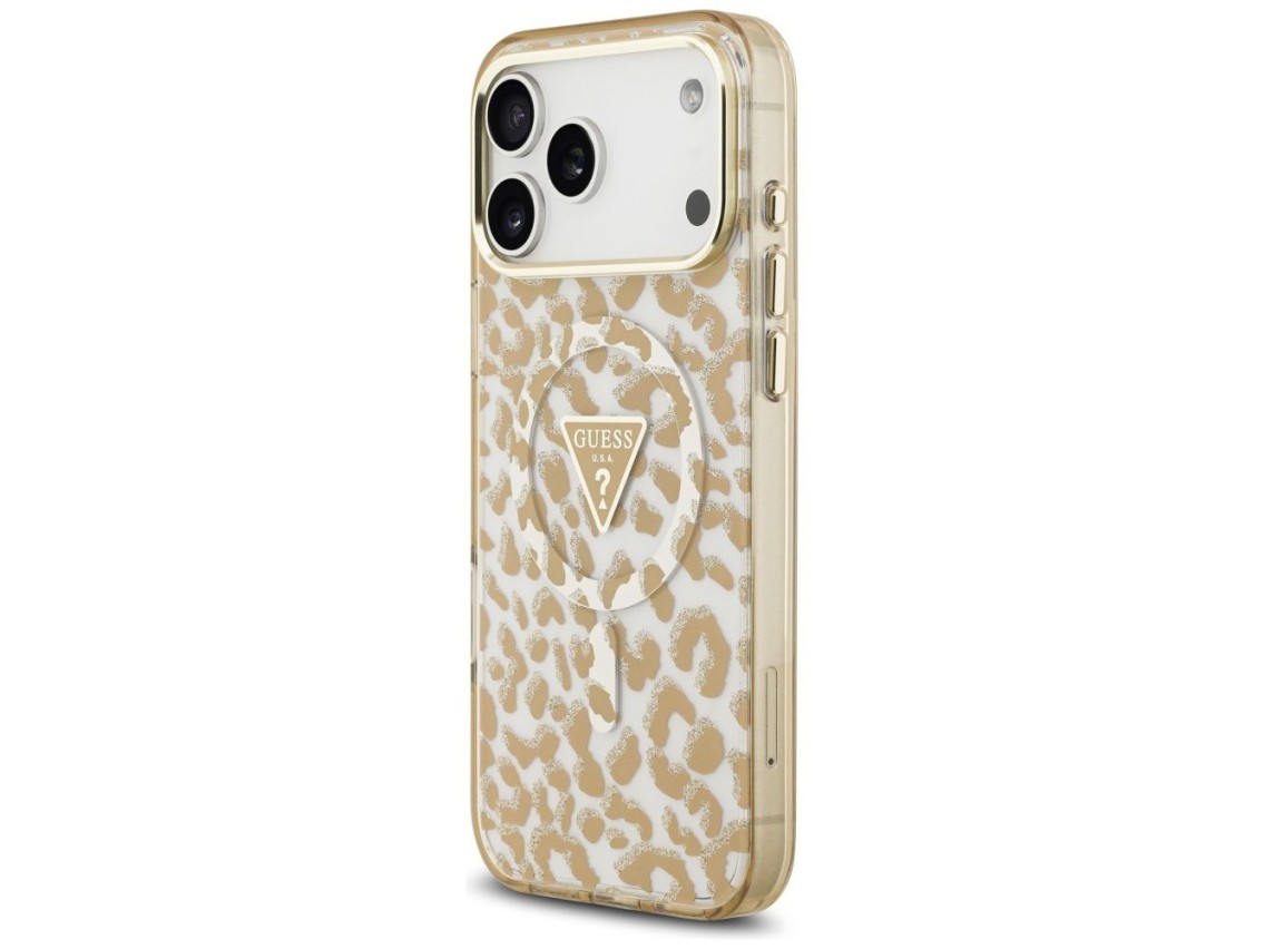 Funda Guess IML Leopard Glitter Triangle Logo MagSafe para iPhone 17 Pro / 18 Pro - Marrón