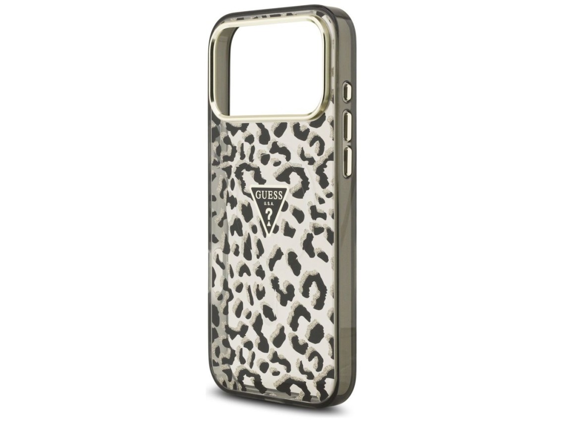 Funda Guess IML Leopard Glitter Triangle Logo MagSafe para iPhone 17 Pro Max / 18 Pro Max - Negra