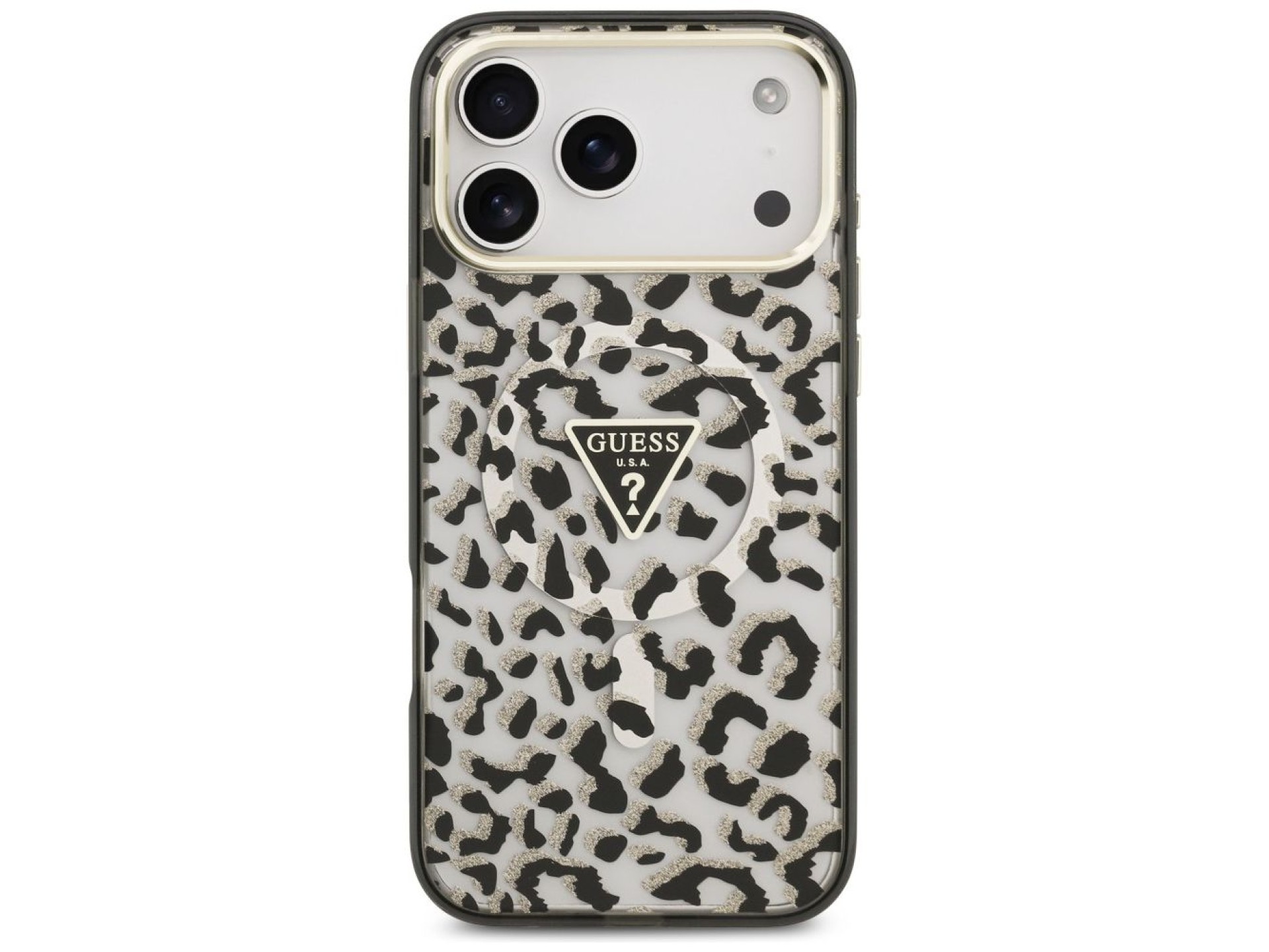 Funda Guess IML Leopard Glitter Triangle Logo MagSafe para iPhone 17 Pro Max / 18 Pro Max - Negra