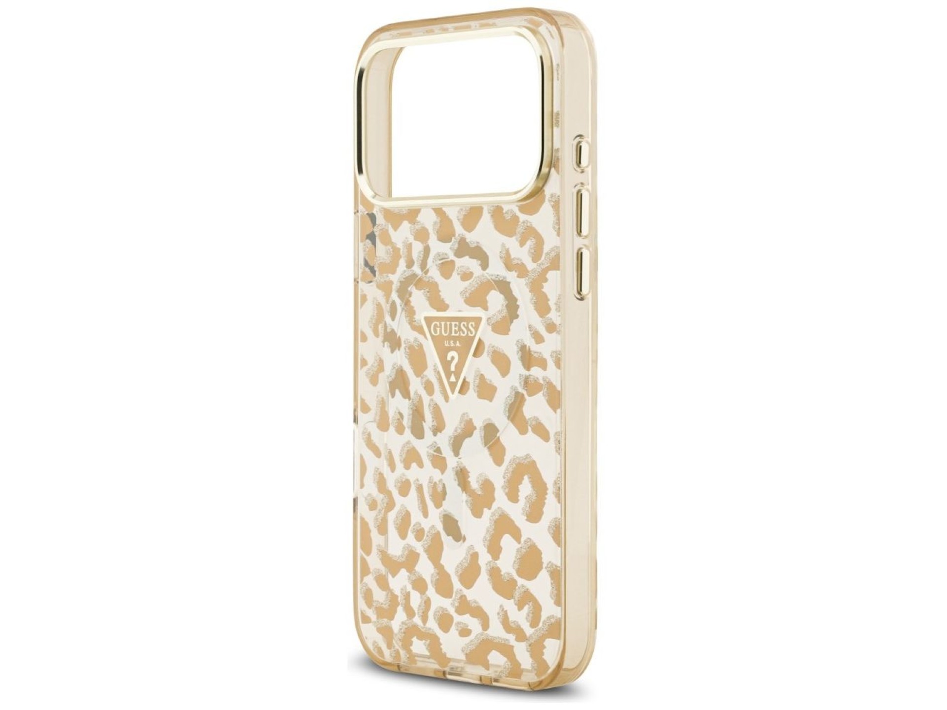 Funda Guess IML Leopard Glitter Triangle Logo MagSafe para iPhone 17 Pro / 18 Pro - Marrón