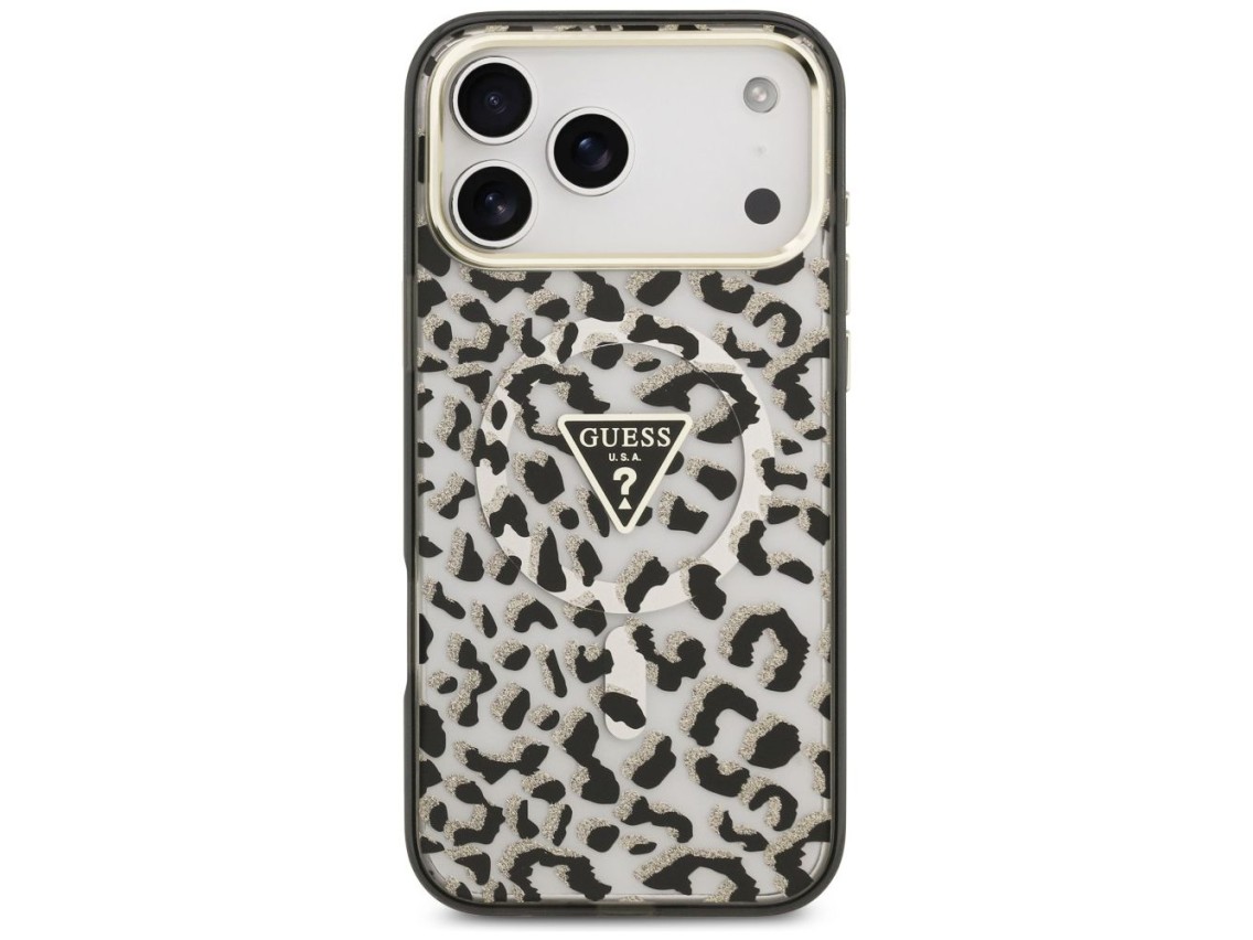 Funda Guess IML Leopard Glitter Triangle Logo MagSafe para iPhone 17 Pro Max / 18 Pro Max - Negra