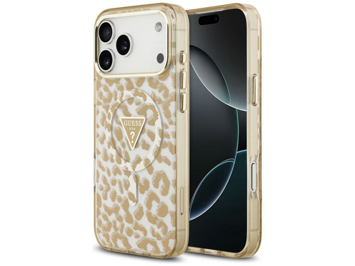 Funda Guess IML Leopard Glitter Triangle Logo MagSafe para iPhone 17 Pro / 18 Pro - Marrón