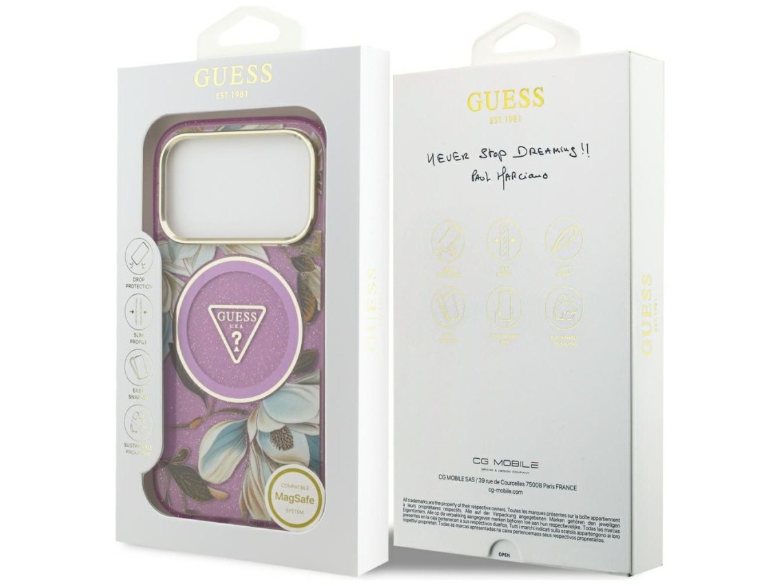 Funda Guess IML Glitter Flowers Triangle MagSafe para iPhone 17 Pro / 18 Pro - Morado