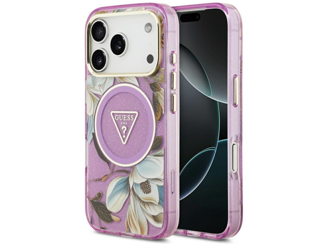 Funda Guess IML Glitter Flowers Triangle MagSafe para iPhone 17 Pro / 18 Pro - Morado