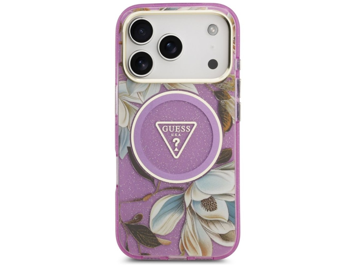 Funda Guess IML Glitter Flowers Triangle MagSafe para iPhone 17 Pro / 18 Pro - Morado
