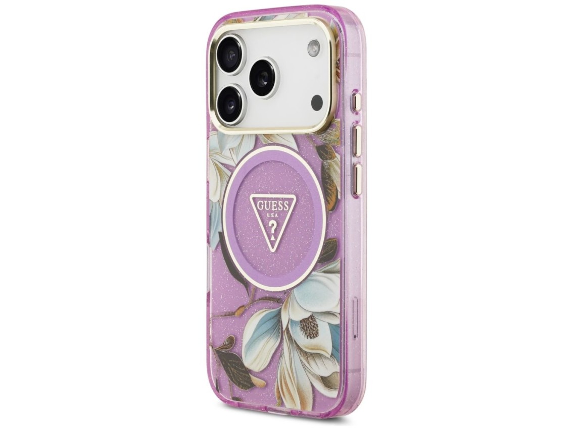 Funda Guess IML Glitter Flowers Triangle MagSafe para iPhone 17 Pro / 18 Pro - Morado