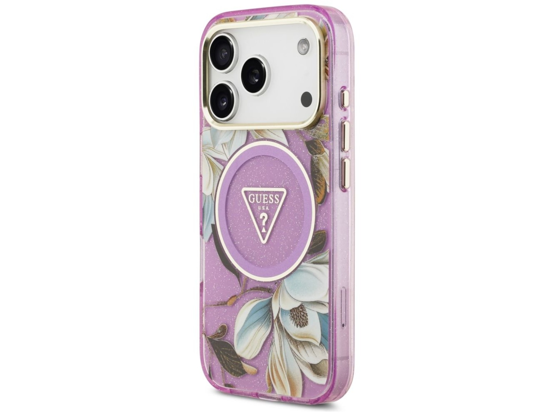 Funda Guess IML Glitter Flowers Triangle MagSafe para iPhone 17 Pro / 18 Pro - Morado