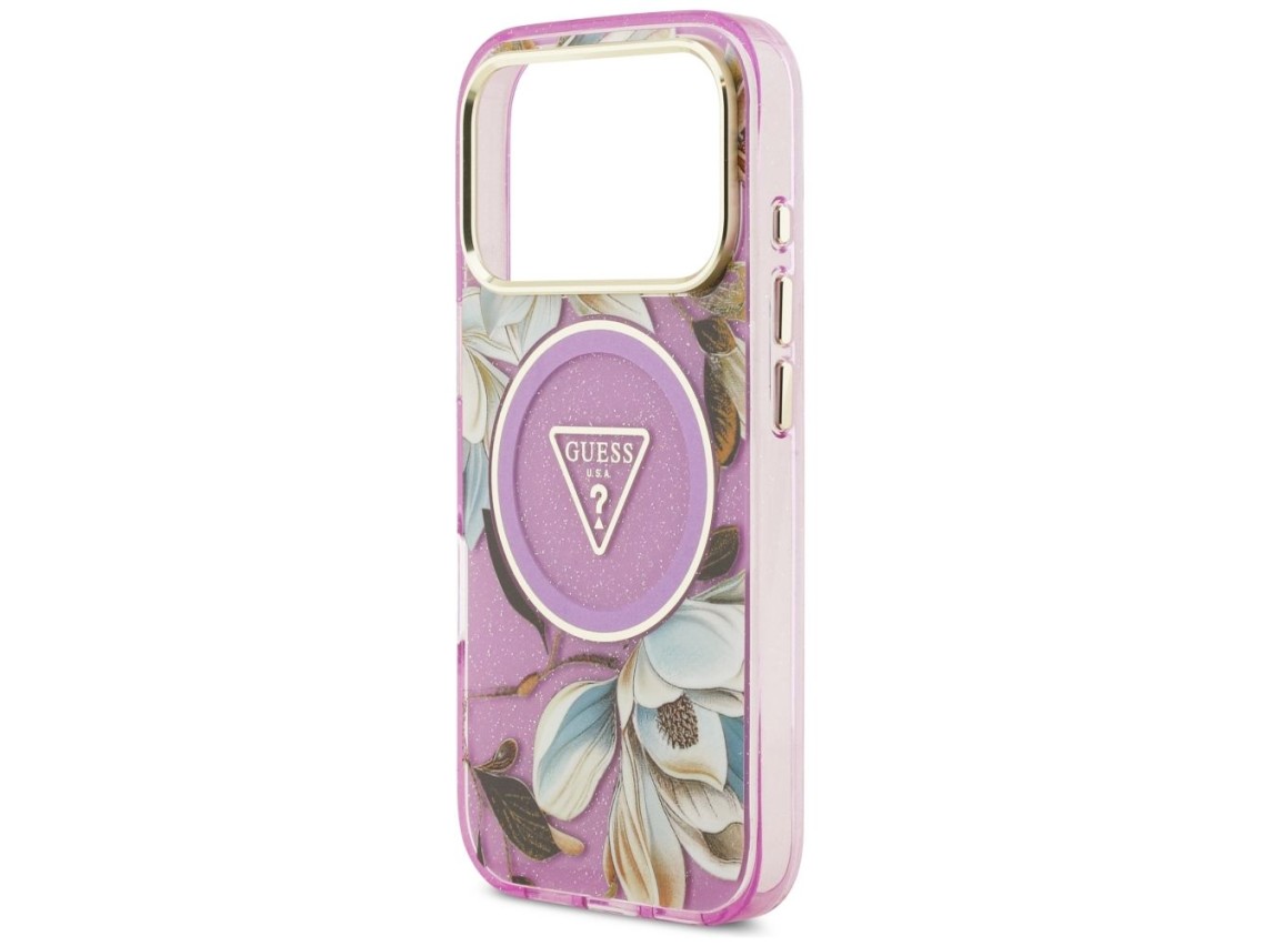 Funda Guess IML Glitter Flowers Triangle MagSafe para iPhone 17 Pro / 18 Pro - Morado