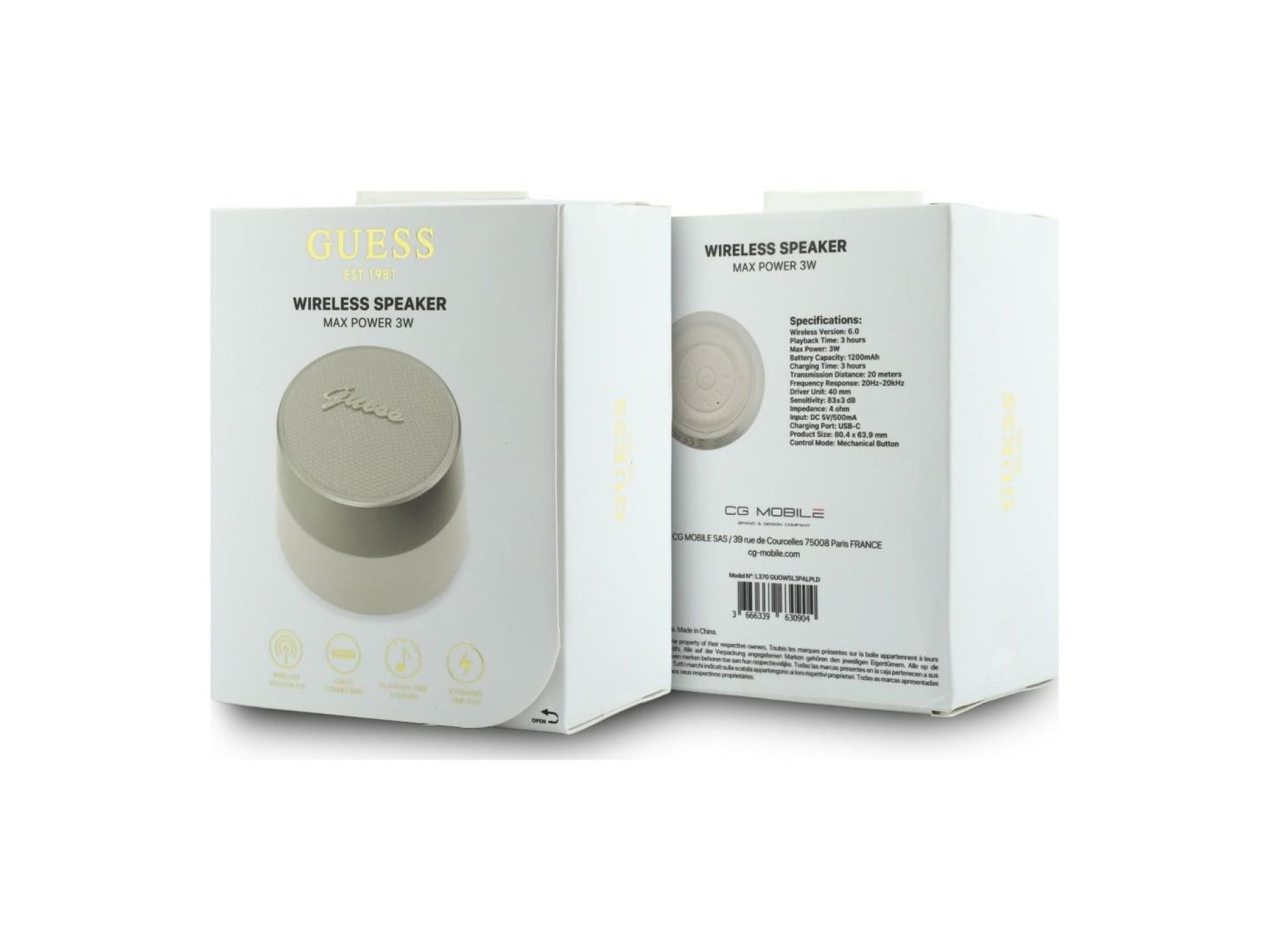 Altavoz Bluetooth Guess de 5 W con logotipo metálico y diseño elegante - Dorado