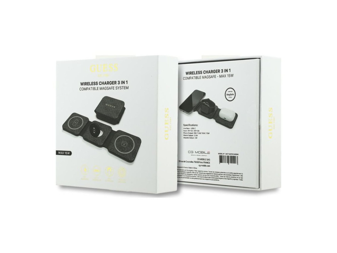 Cargador inalámbrico Guess 4G 3 en 1 de 15 W con MagSafe - Negro