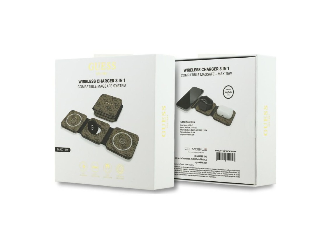 Carregador sem fio Guess 4G MagSafe 3 em 1 de 15 W - Marrom
