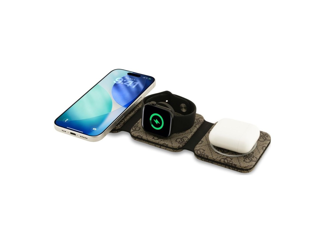 Carregador sem fio Guess 4G MagSafe 3 em 1 de 15 W - Marrom