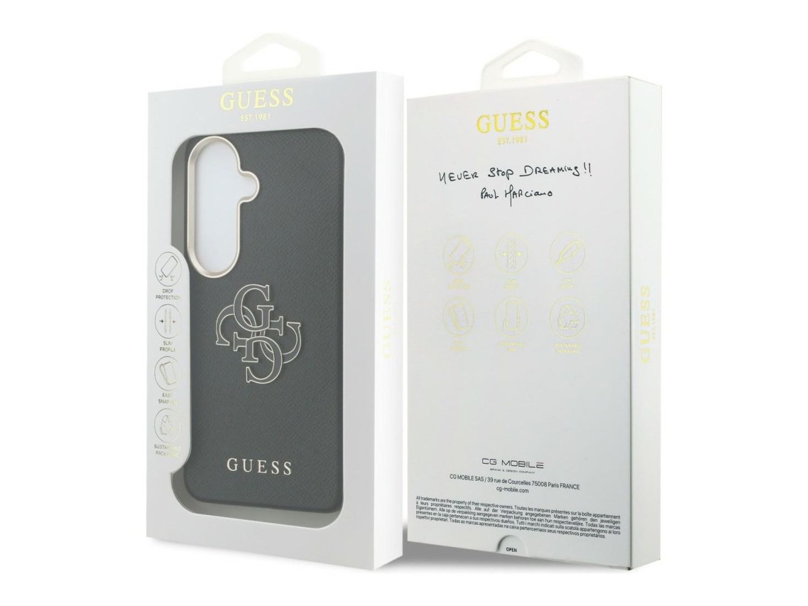 Capa Guess com textura granulada e logo grande 4G em metal para Samsung Galaxy S26 - preta