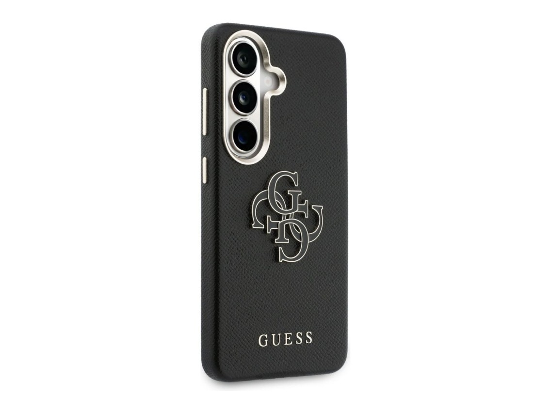 Capa Guess com textura granulada e logo grande 4G em metal para Samsung Galaxy S26 - preta