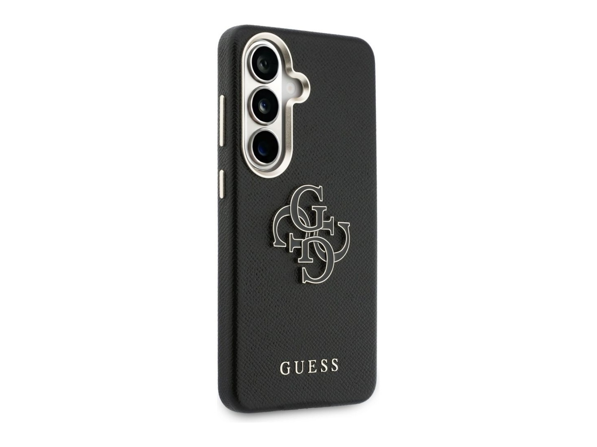 Capa Guess com textura granulada e logo grande 4G em metal para Samsung Galaxy S26 - preta
