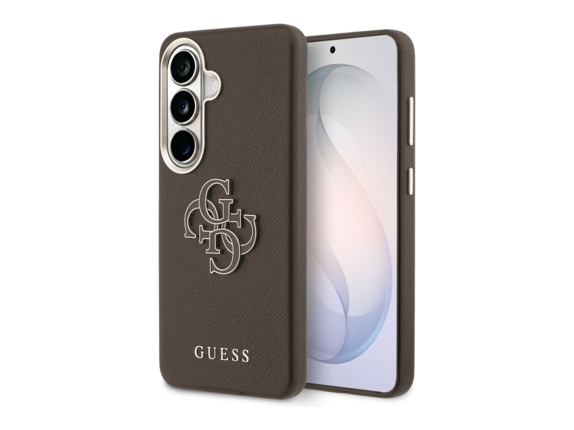 Funda Guess con logo metálico grande y textura granulada para Samsung Galaxy S26+ - Marrón