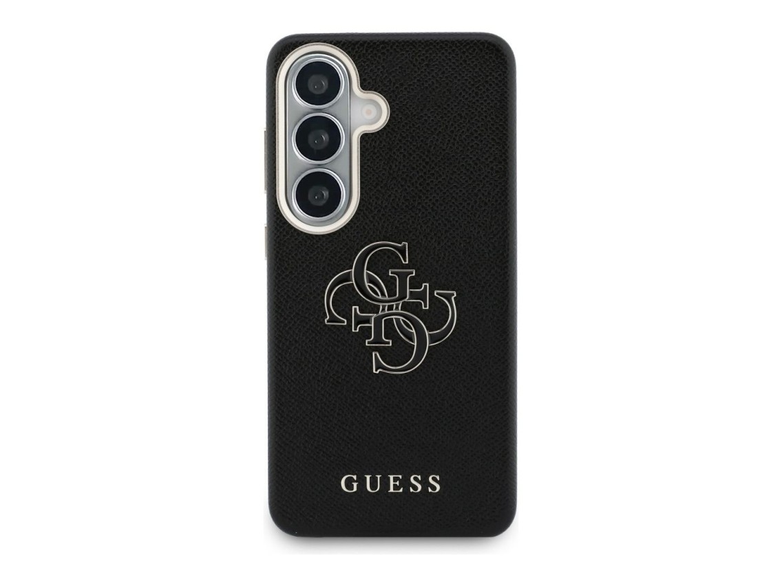 Capa Guess com textura granulada e logo grande 4G em metal para Samsung Galaxy S26 - preta