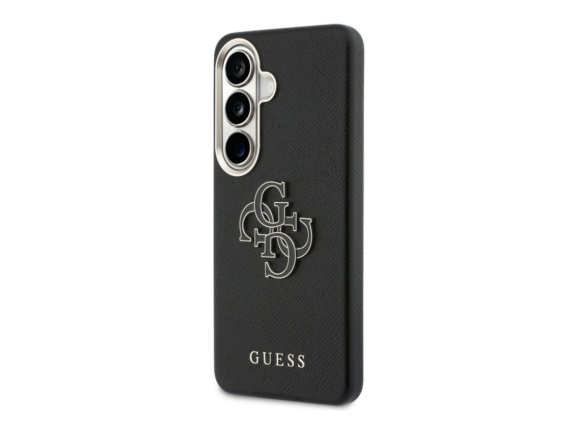 Capa Guess com textura granulada e logo grande 4G em metal para Samsung Galaxy S26 - preta