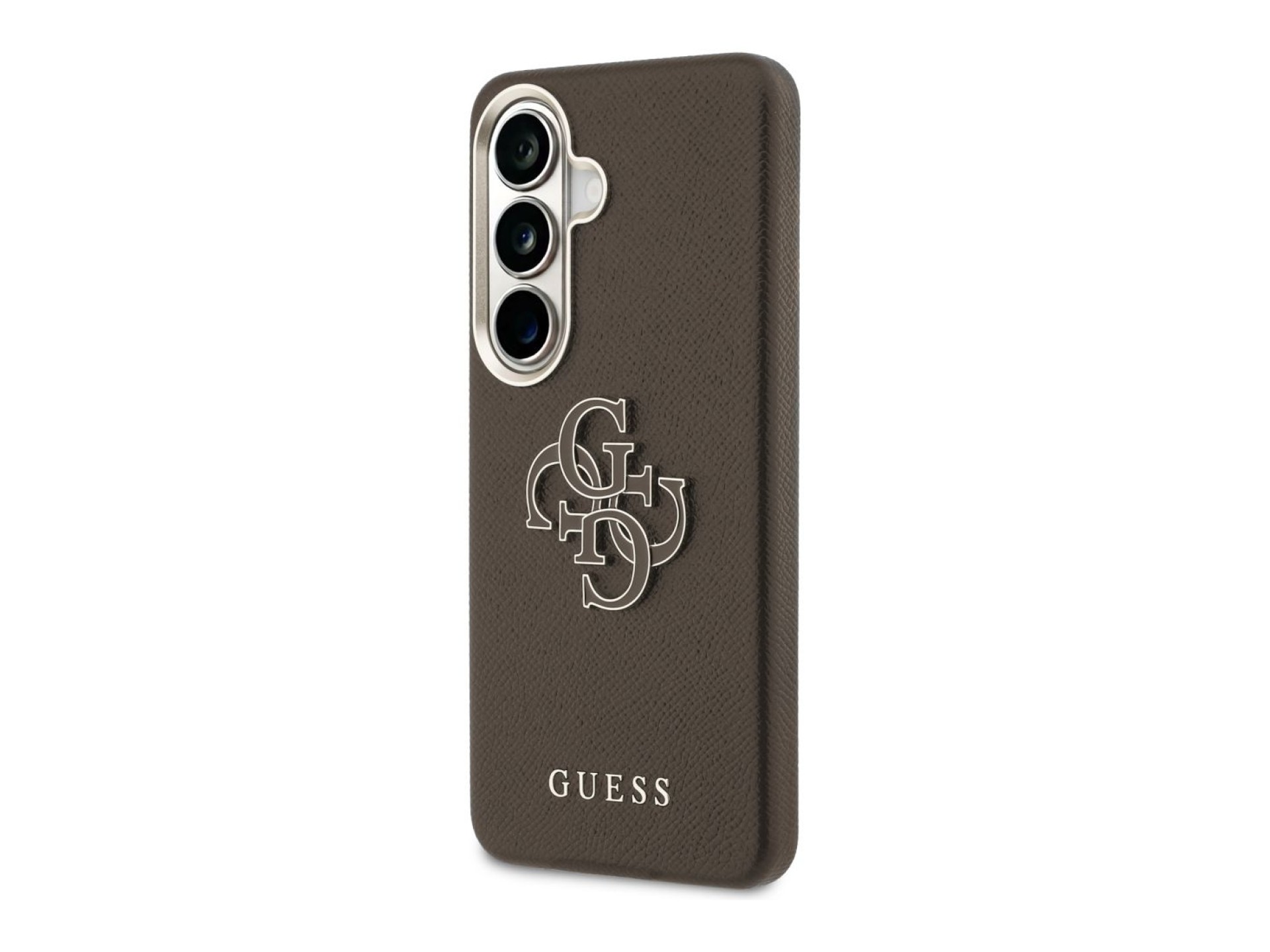 Funda Guess con logo metálico grande y textura granulada para Samsung Galaxy S26+ - Marrón