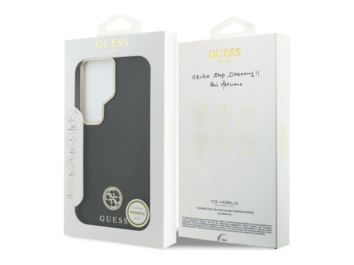 Funda Guess MagSafe redonda con logo de diamantes de imitación para Samsung Galaxy S26 Ultra - Negra