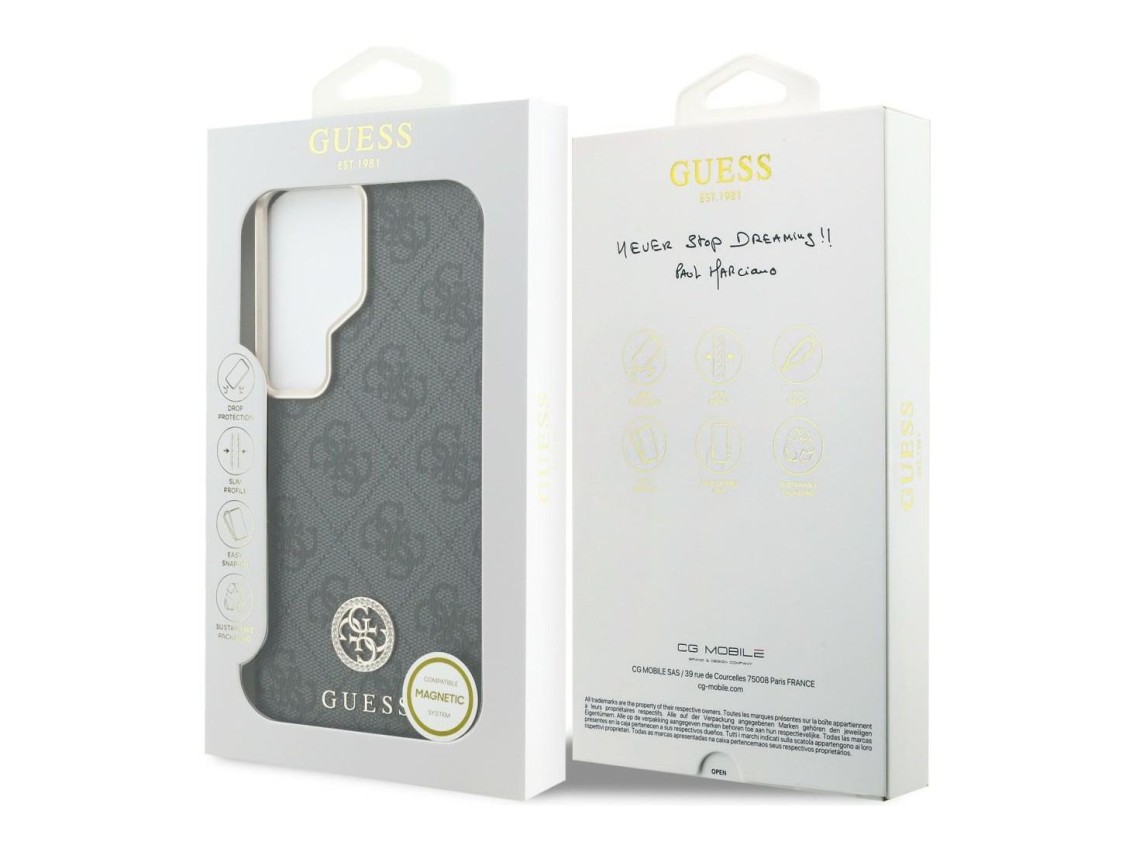 Capa Guess 4G com logo redondo em strass e MagSafe para Samsung Galaxy S26 Ultra - Preta