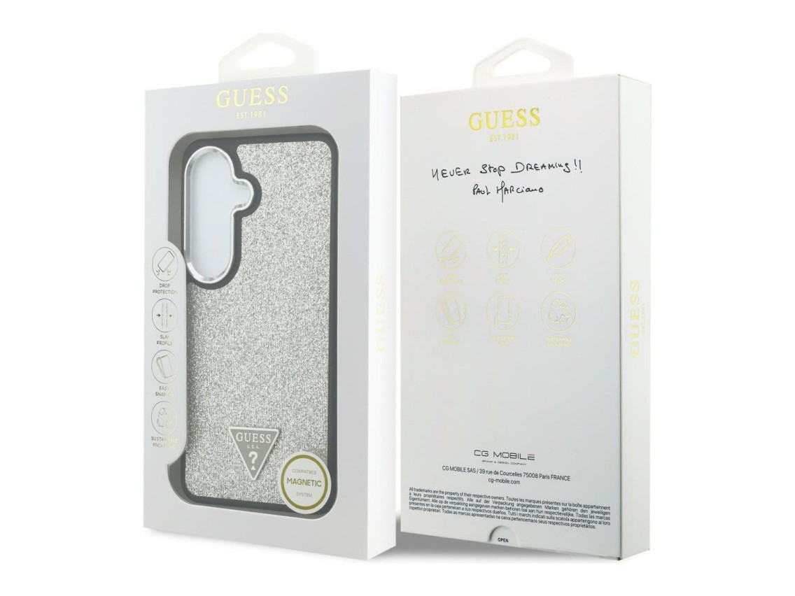 Funda Guess Fixed Glitter Triangle MagSafe para Samsung Galaxy S26 - plateada