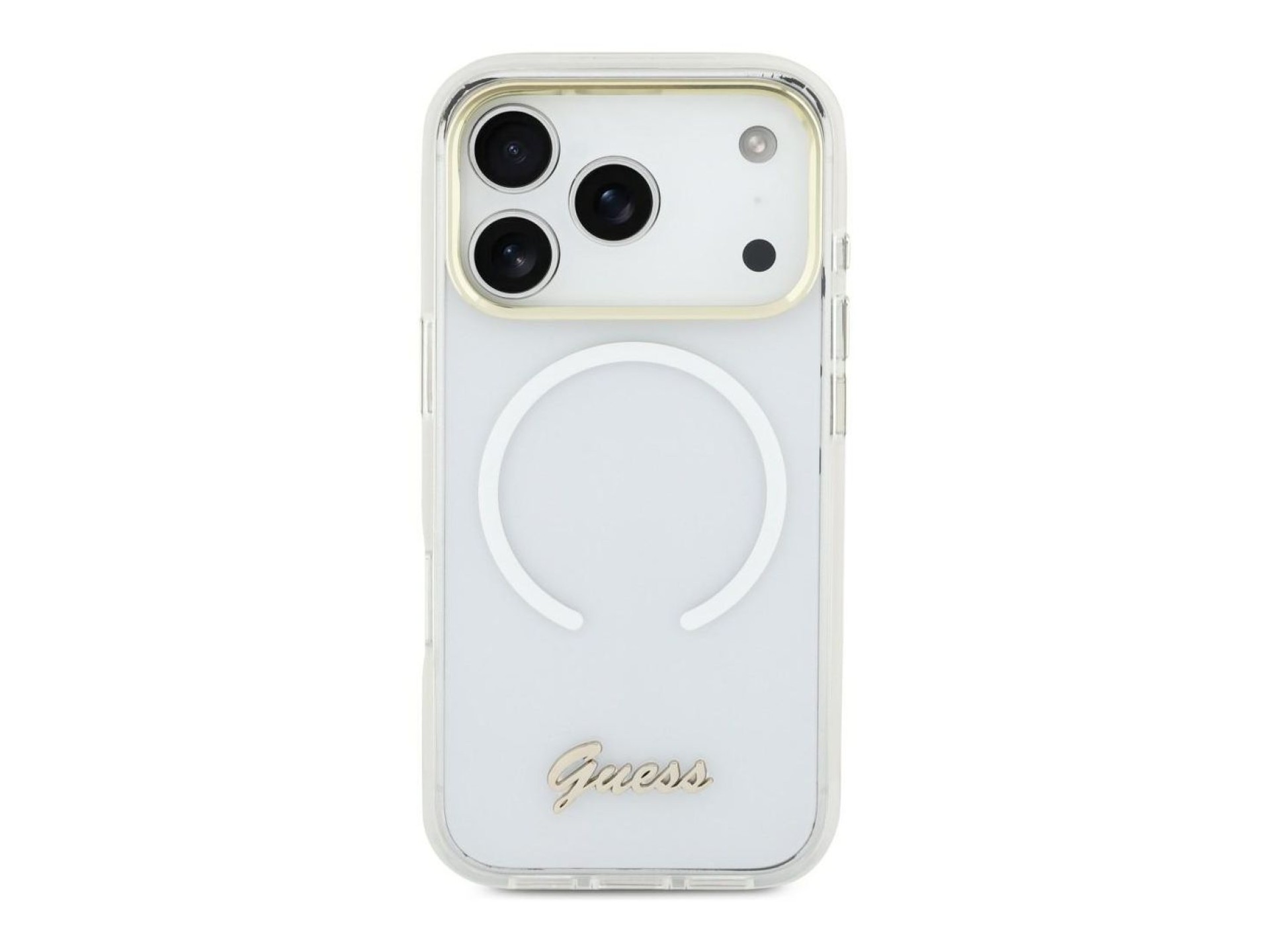 Funda metálica MagSafe Guess IML Gradient Script para iPhone 17 - Blanca