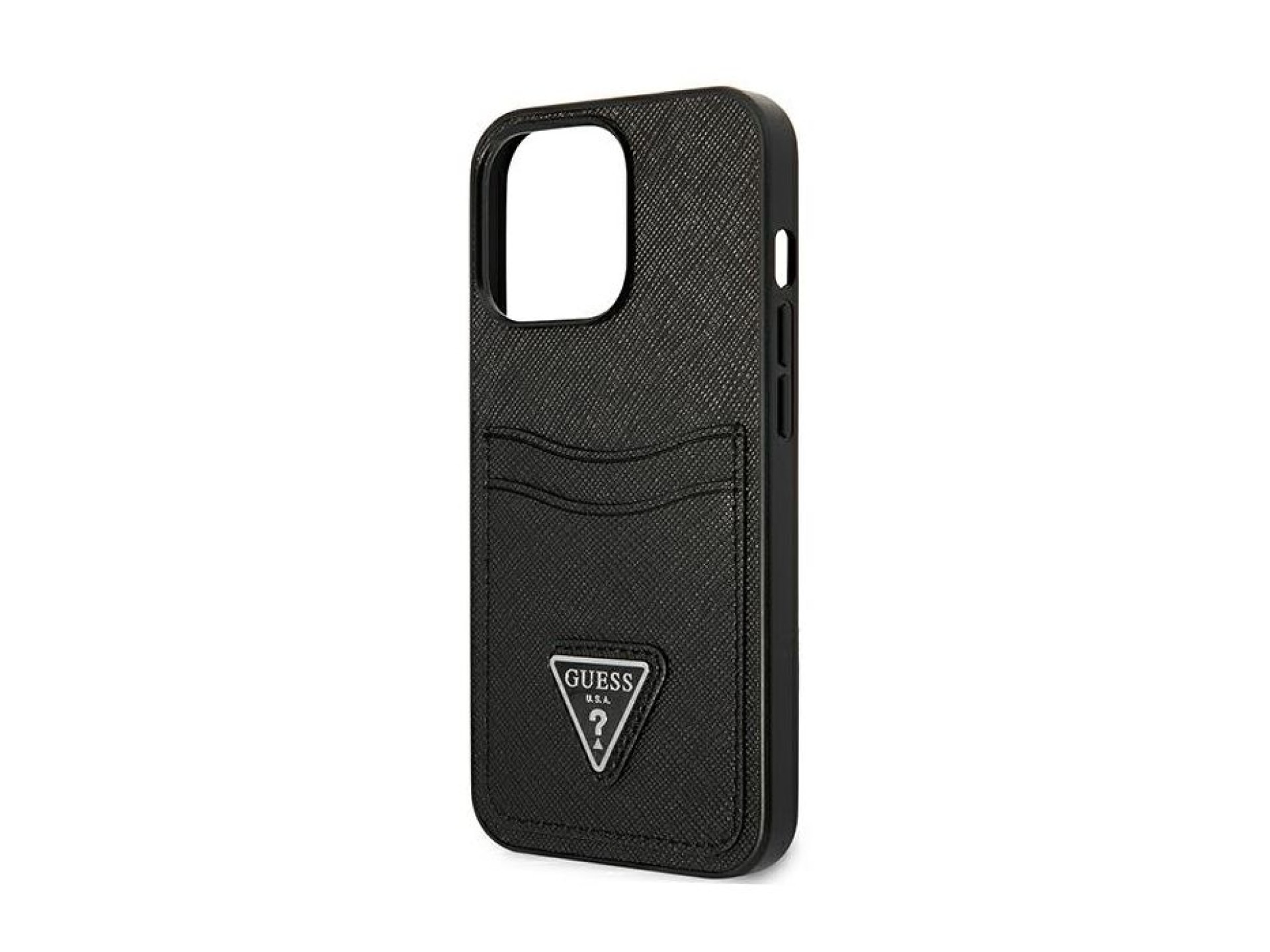 Capa Guess Saffiano com Logo Triangular e Compartimento para Cartões para iPhone 13 / 13 Pro - Preta