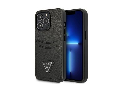 Capa Guess Saffiano com Logo Triangular e Compartimento para Cartões para iPhone 13 / 13 Pro - Preta Capa Guess Saffiano com Logo Triangular e Compartimento para Cartões para iPhone 13 / 13 Pro - Preta