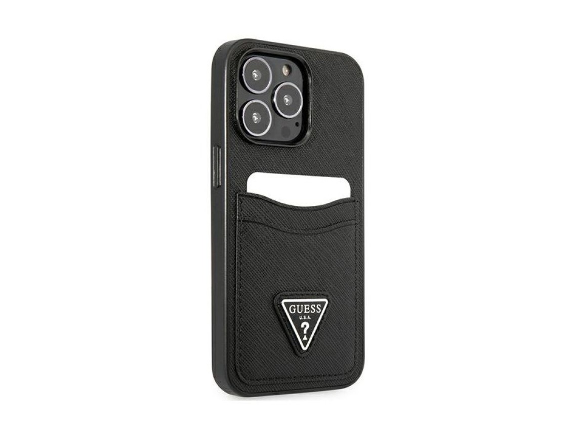 Capa Guess Saffiano com Logo Triangular e Compartimento para Cartões para iPhone 13 / 13 Pro - Preta