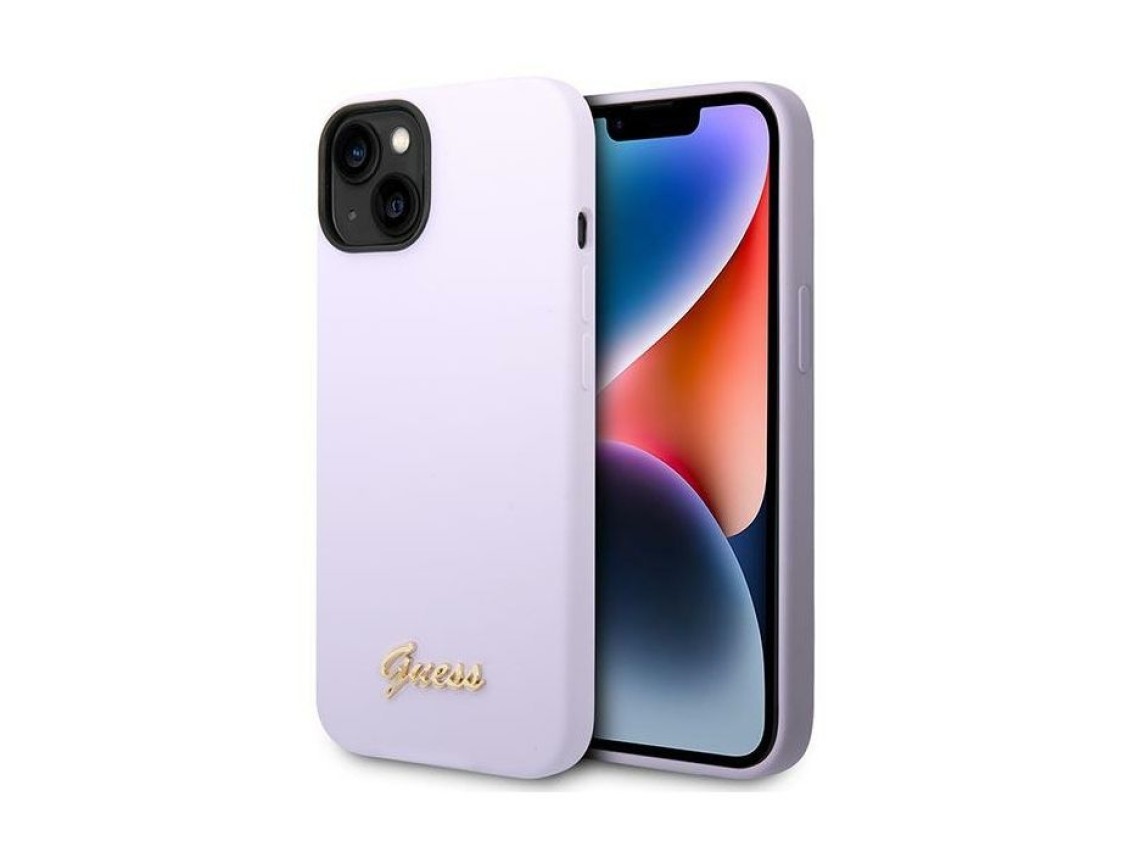Funda Guess de silicona con logo vintage dorado para iPhone 14 / 15 Plus - Morado