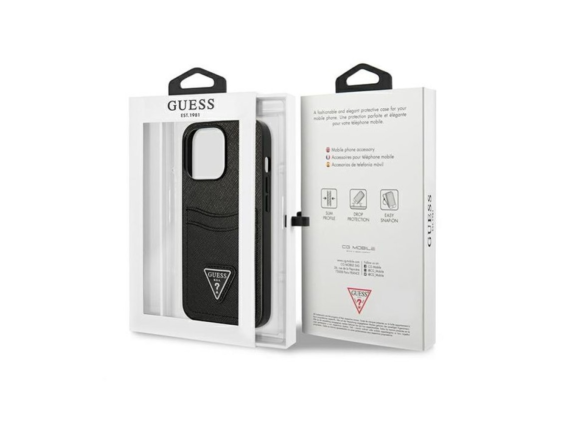 Capa Guess Saffiano com Logo Triangular e Compartimento para Cartões para iPhone 13 / 13 Pro - Preta