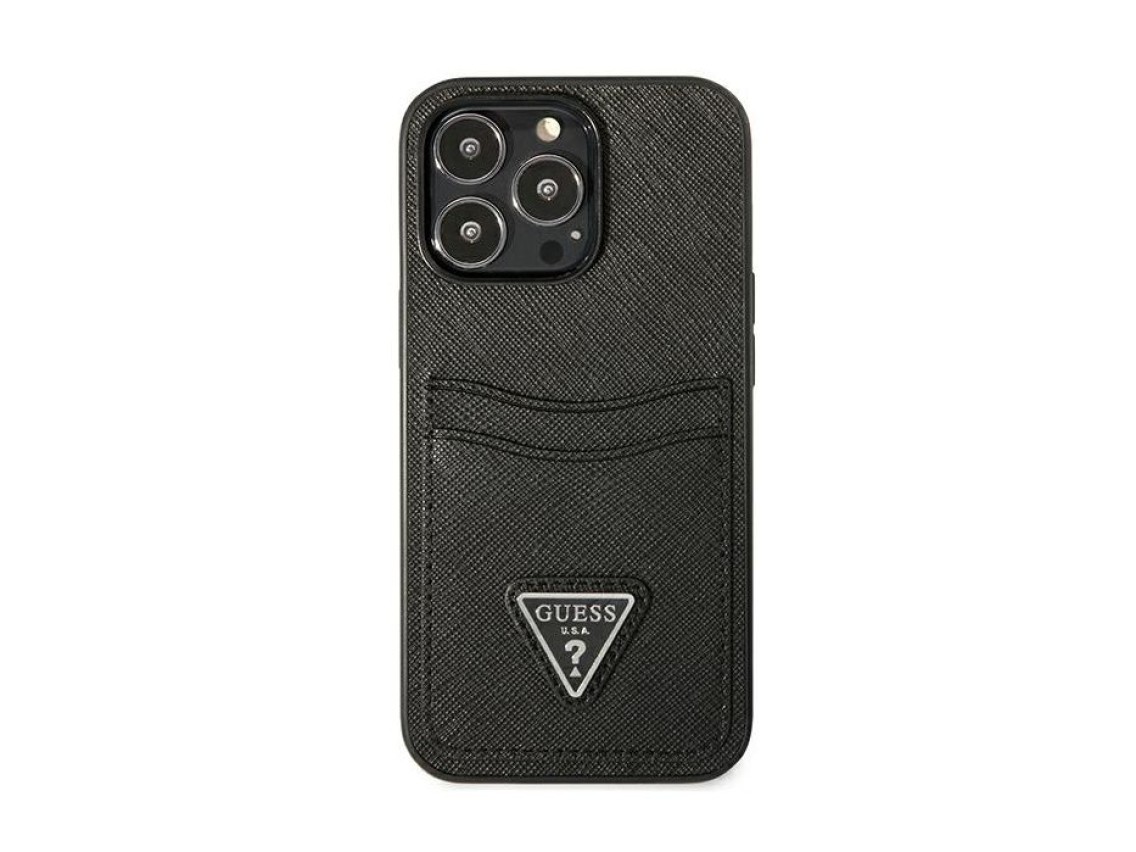 Capa Guess Saffiano com Logo Triangular e Compartimento para Cartões para iPhone 13 / 13 Pro - Preta