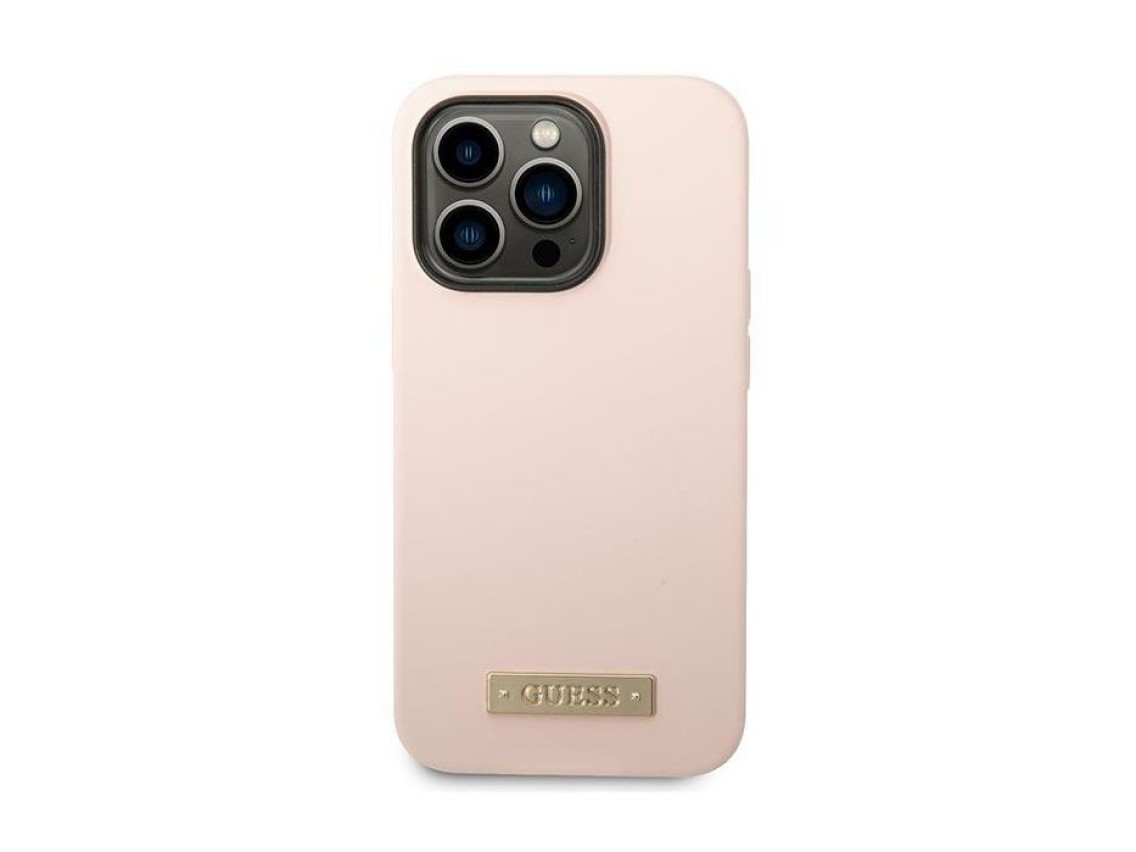 Guess Silicone Logo Plate MagSafe Case for iPhone 14 Pro - Pink