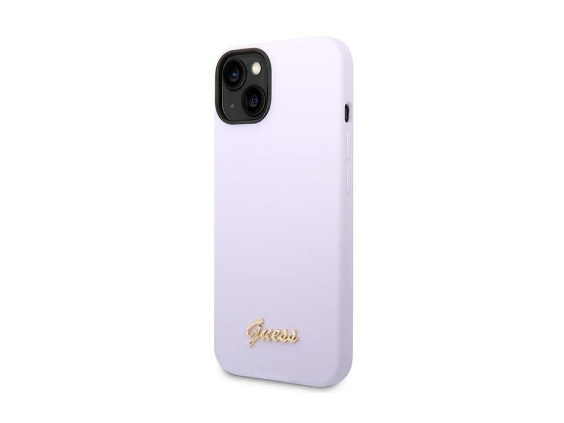 Funda Guess de silicona con logo vintage dorado para iPhone 14 / 15 Plus - Morado