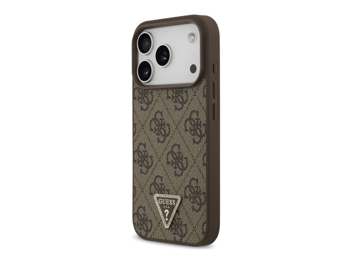 Guess Leather 4G Triangle Strass MagSafe Case for iPhone 18 Pro / 17 Pro - Brown