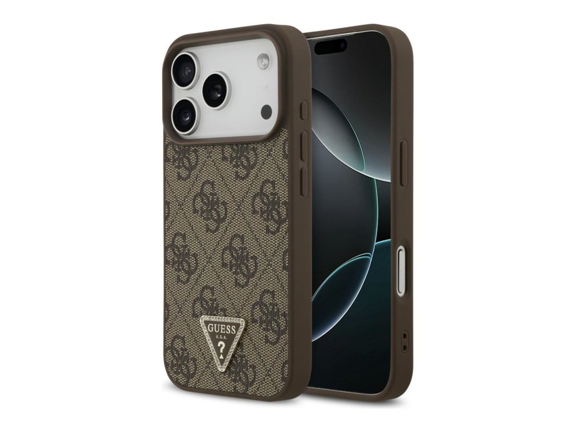 Guess Leather 4G Triangle Strass MagSafe Case for iPhone 18 Pro / 17 Pro - Brown