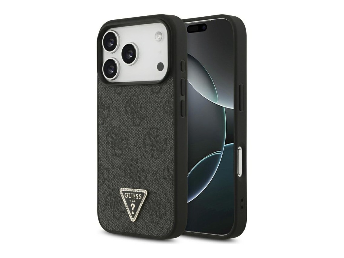 Guess Leather 4G Triangle Strass MagSafe Case for iPhone 18 Pro / 17 Pro - Black