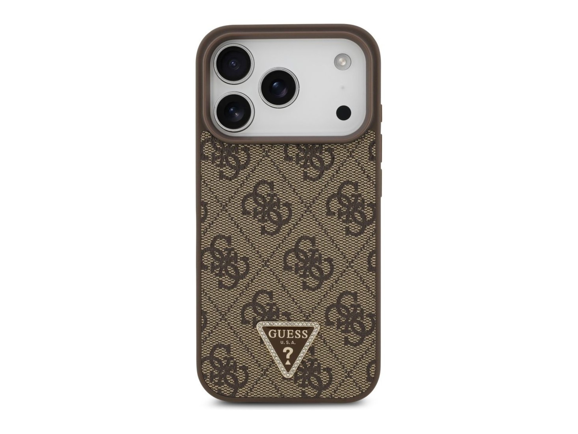 Capa Guess Leather 4G Triangle Strass MagSafe para iPhone 18 Pro/17 Pro - Castanho